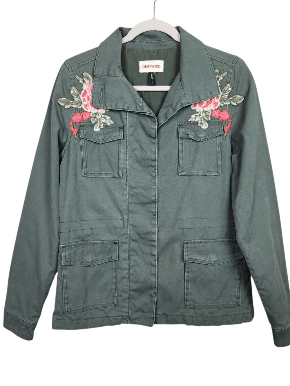 DRIFTWOOD Aloe Olive Green Utility Jacket Floral Embroidery Womens Size Small